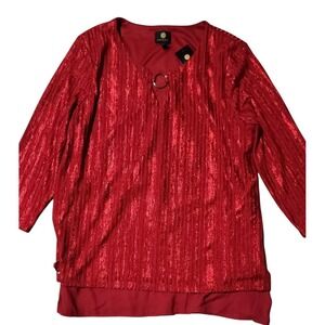 JM Collection Red Shimmery Top Keyhole O-Ring 3/4 Sleeve Holiday Party Large
